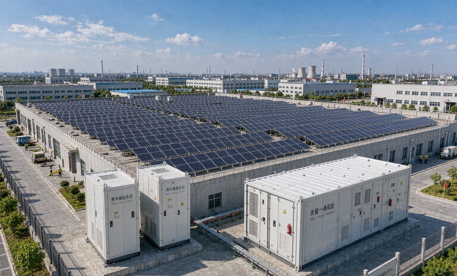 Factory rooftop solar with liquid-cooled energy storage cabinets — Zhenergy C&I scenario