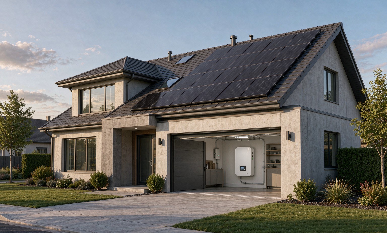House with rooftop solar and a wall-mounted battery — Zhenergy residential scenario